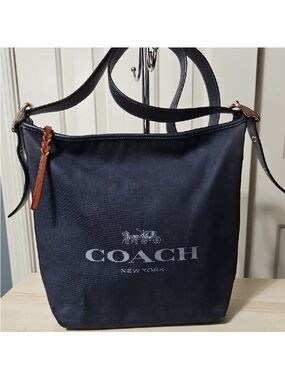 Coach Navy Carriage Hobo Canvas Shoulder Bag with Brown Leather Accent